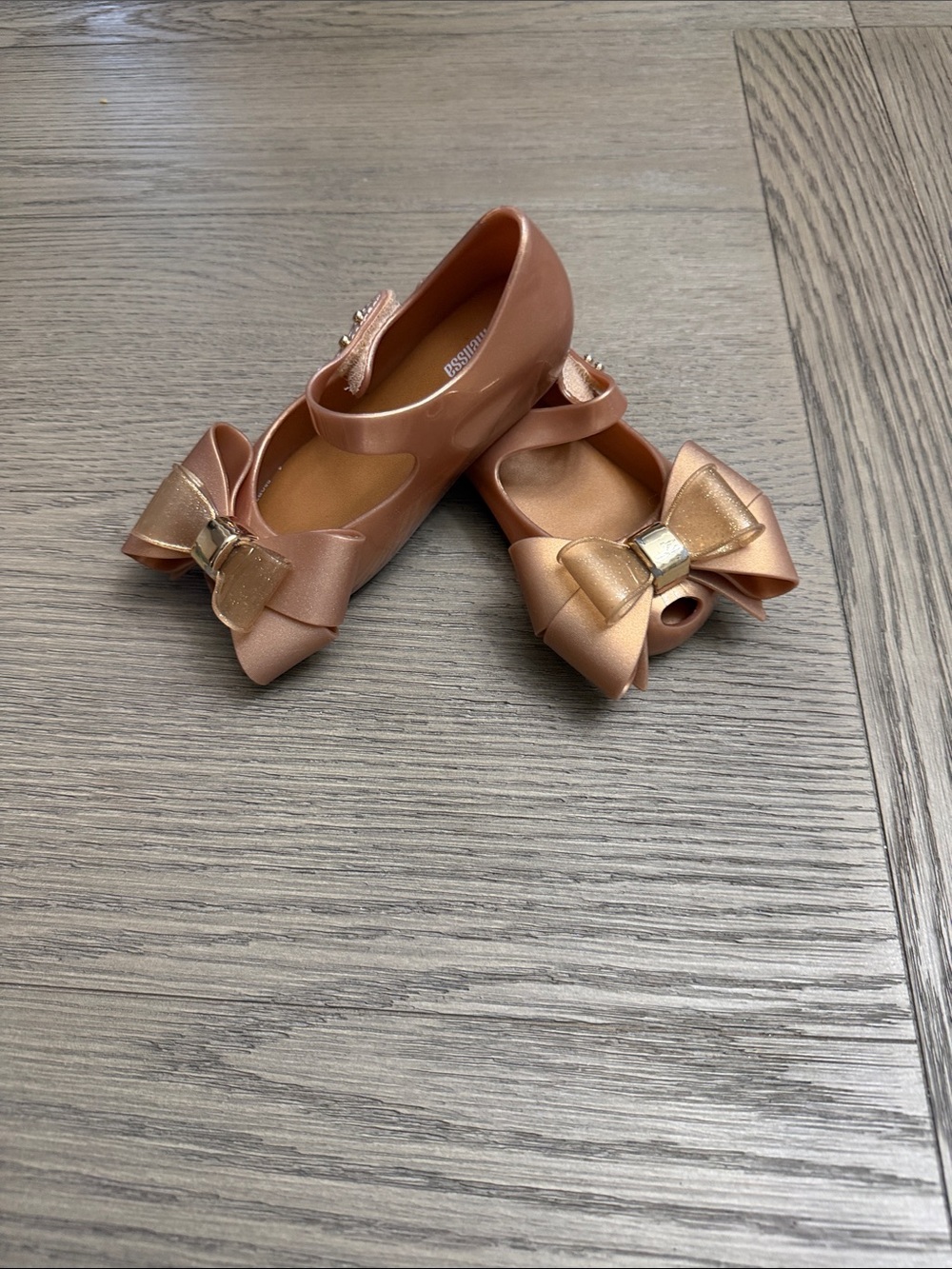 Mini Melissa Metallic Rose Gold Bow Mary Jane Flats